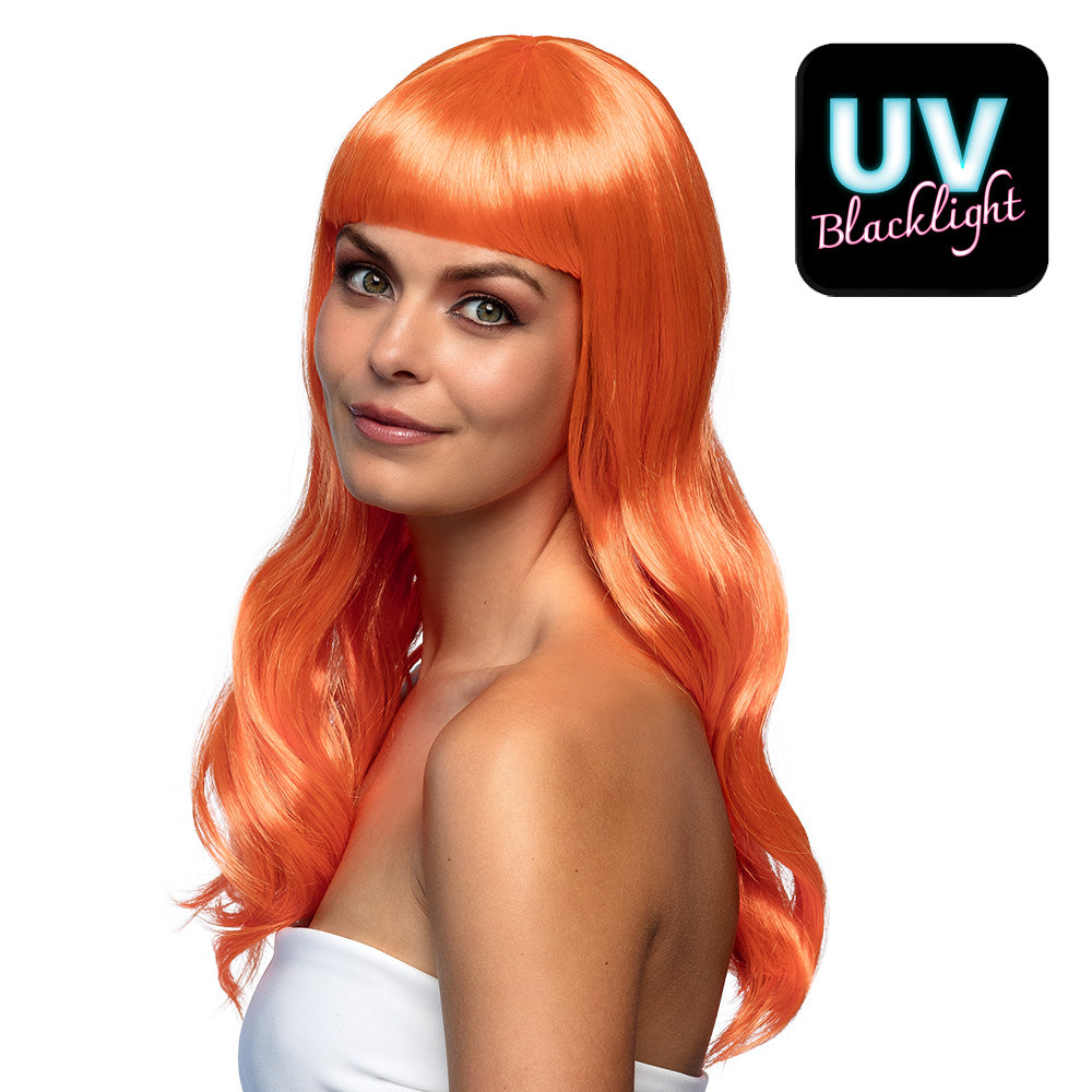 Pruik lang met pony neonoranje