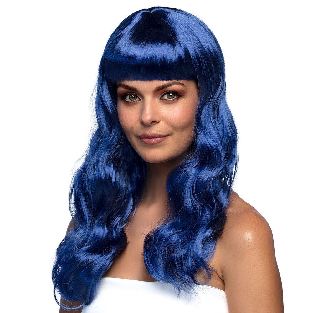 Pruik lang met pony blauw