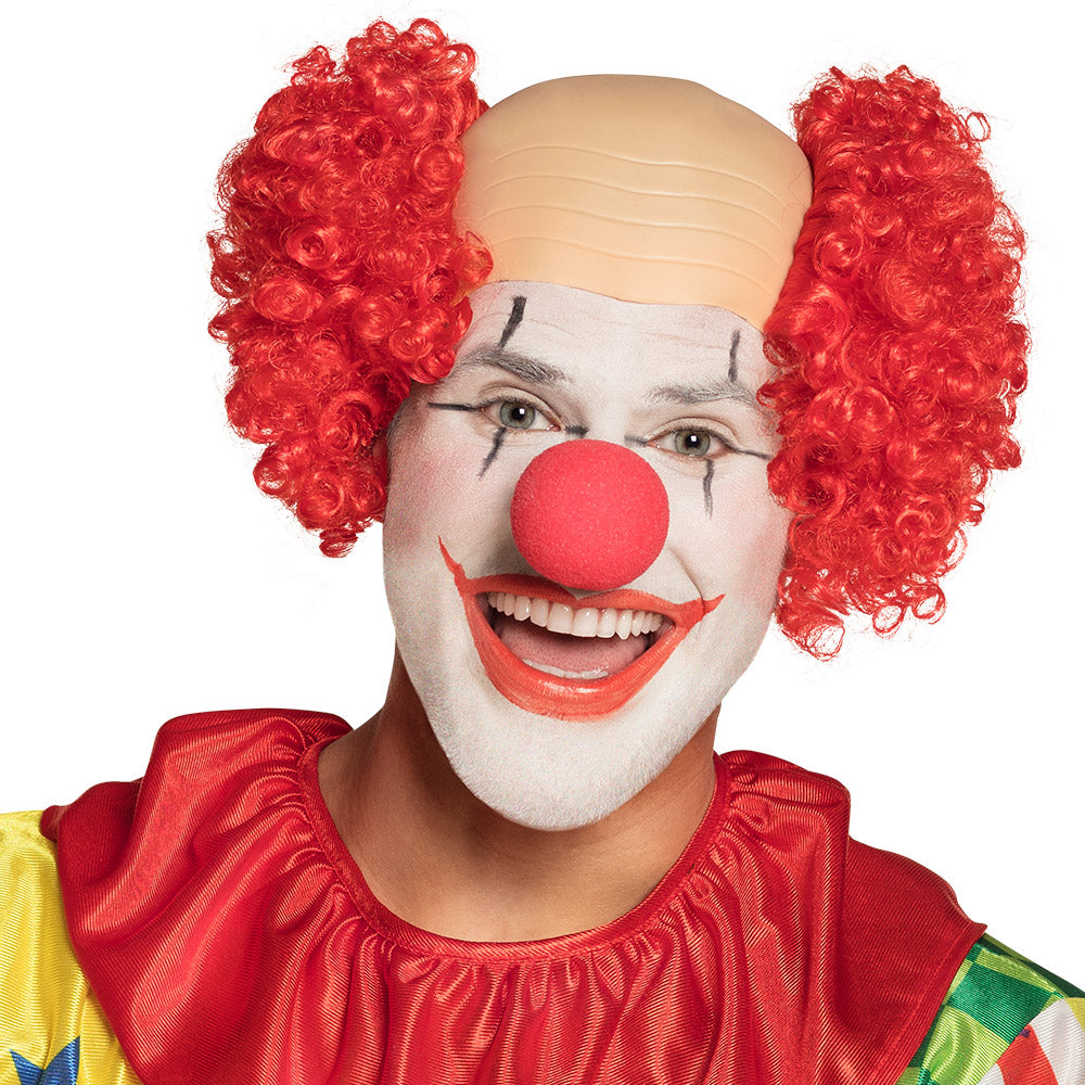 Pruik clown kaal met rode krullen