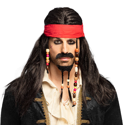Pruik piraat met bandana, snor en baard