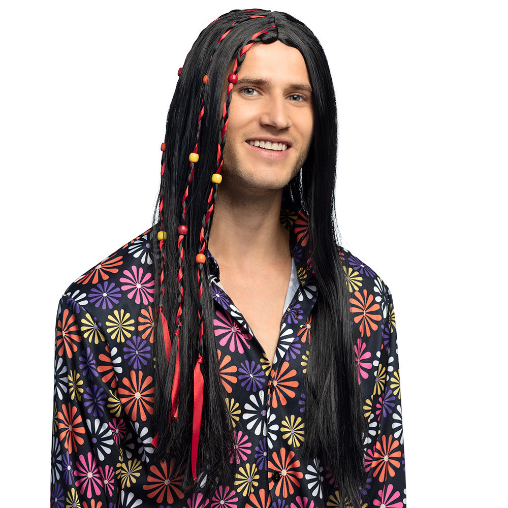 Pruik hippie lang bruin met kraaltjes