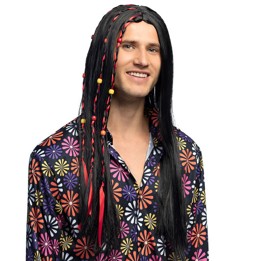 Pruik hippie lang bruin met kraaltjes