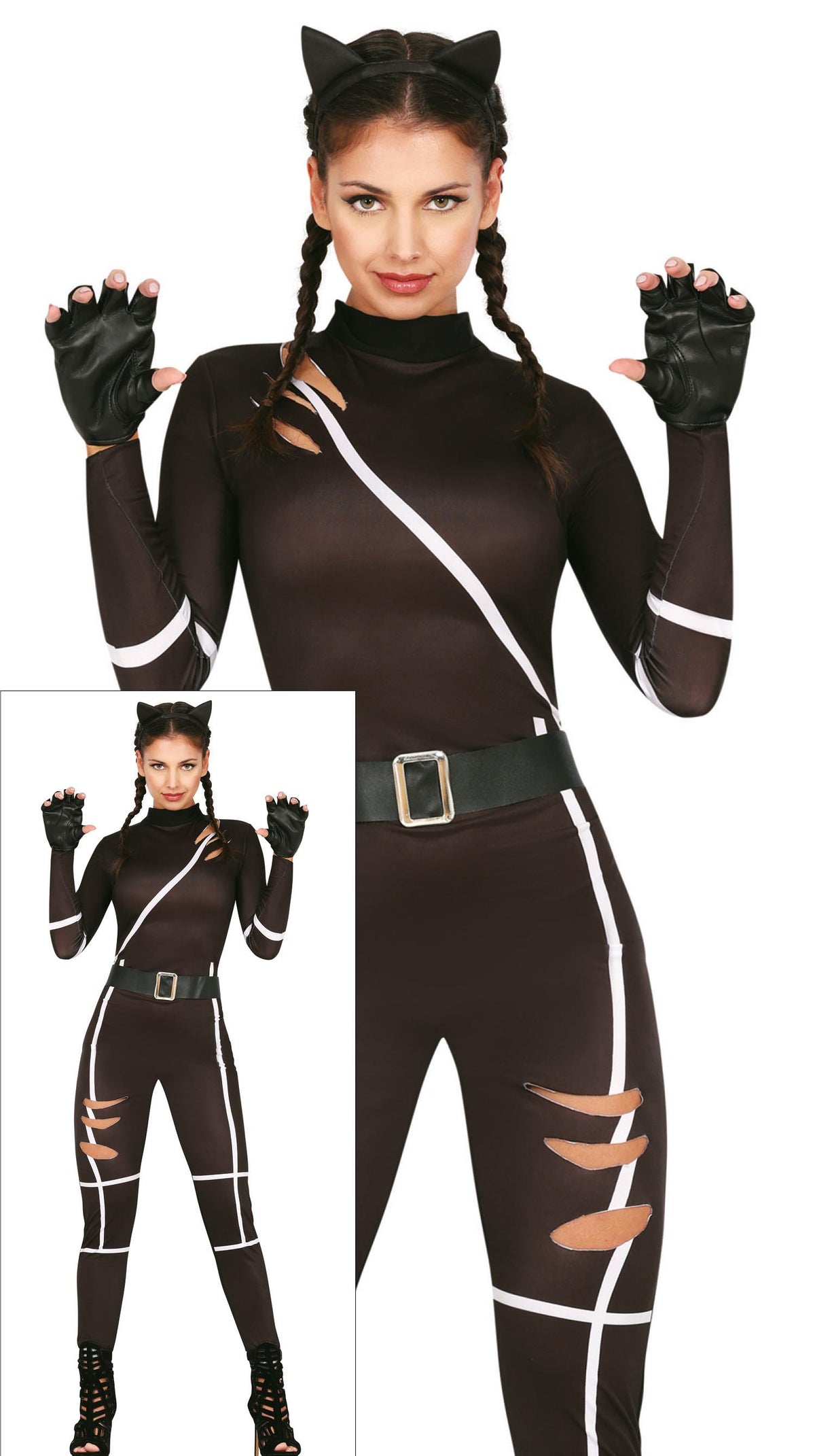 Kostuum zwarte kat catsuit dames