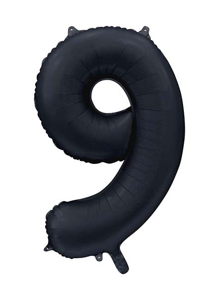 Folie cijferballon satijn zwart 86 cm, cijfer 9