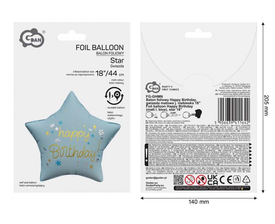 Folieballon Ster Happy Birthday Lichtblauw 44 cm