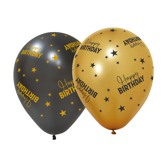 Ballonnen Happy Birthday zwart-goud 30 cm (6 stuks)