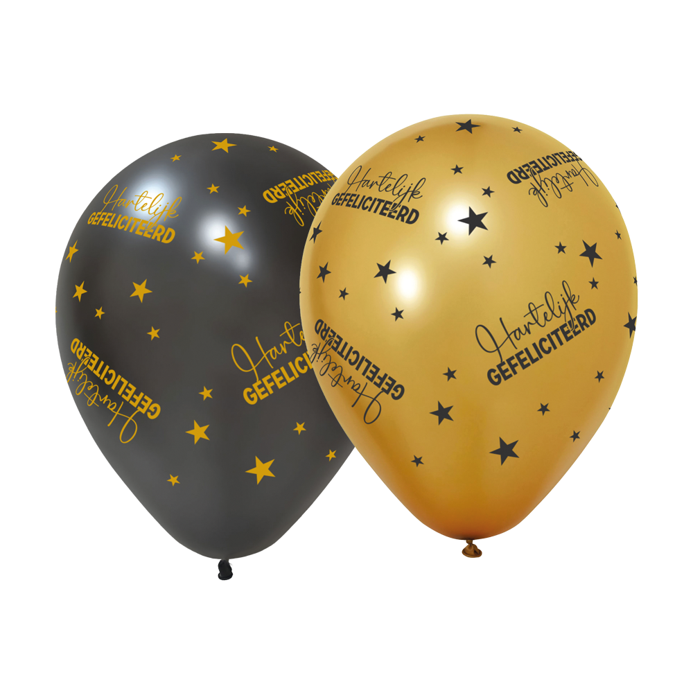 Ballonnen Hartelijk Gefeliciteerd zwart-goud 30 cm (6 stuks)