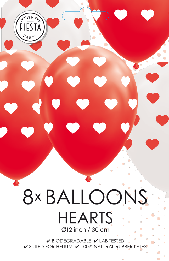 Ballonnen met hartjes rood en wit 30 cm (8 stuks)