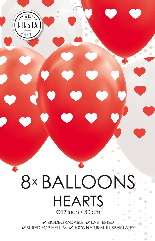 Ballonnen met hartjes rood en wit 30 cm (8 stuks)