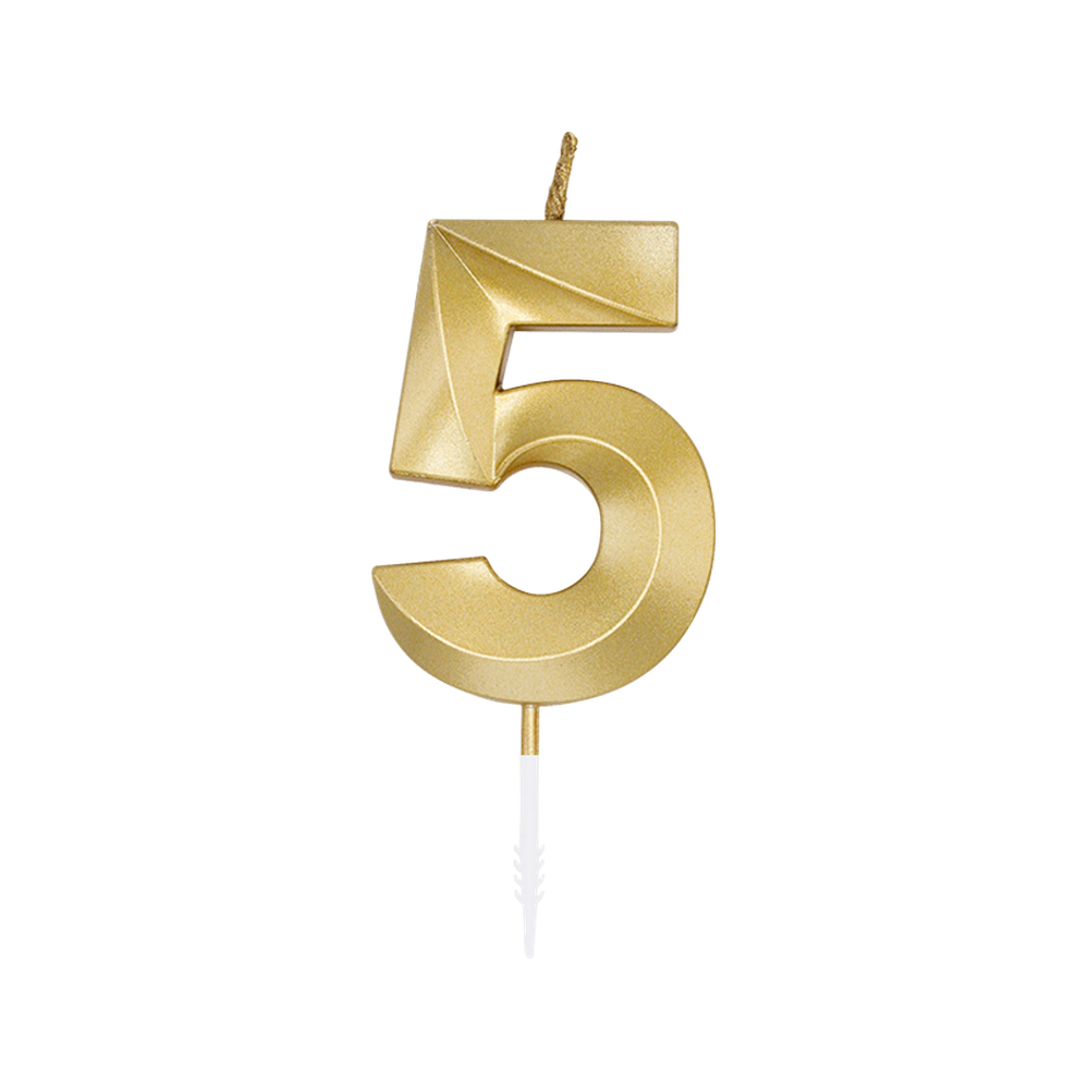 Gouden cijferkaars 5 van 6 cm op stokje