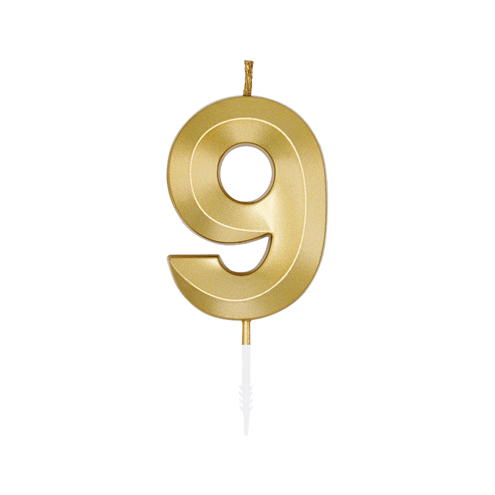 Gouden cijferkaars 9 van 6 cm op stokje