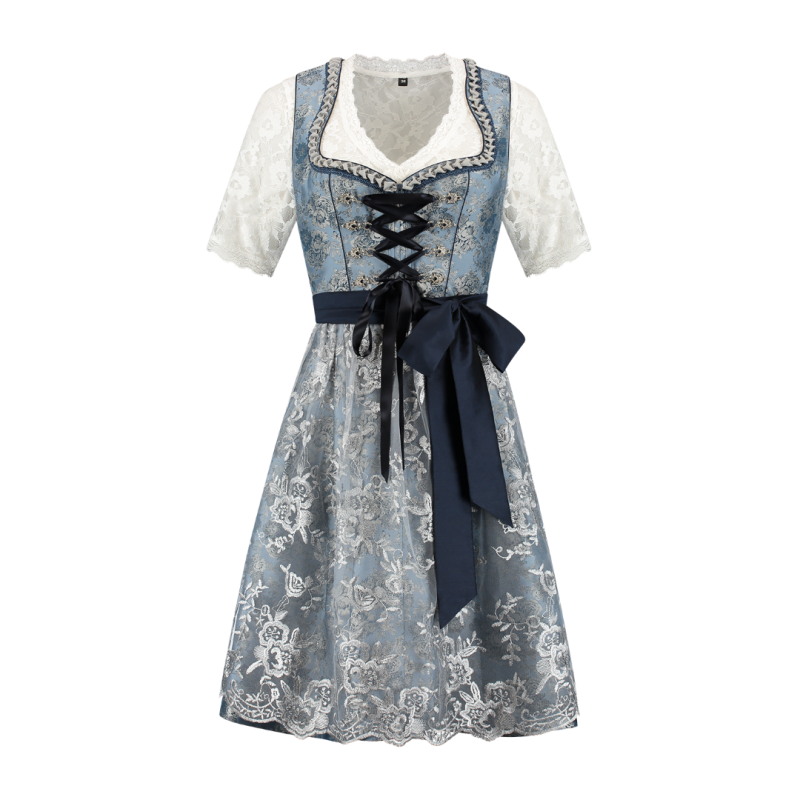 Blauwe dirndl met bloemen en kanten schort