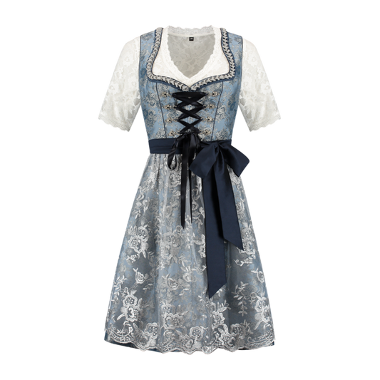 Blauwe dirndl met bloemen en kanten schort