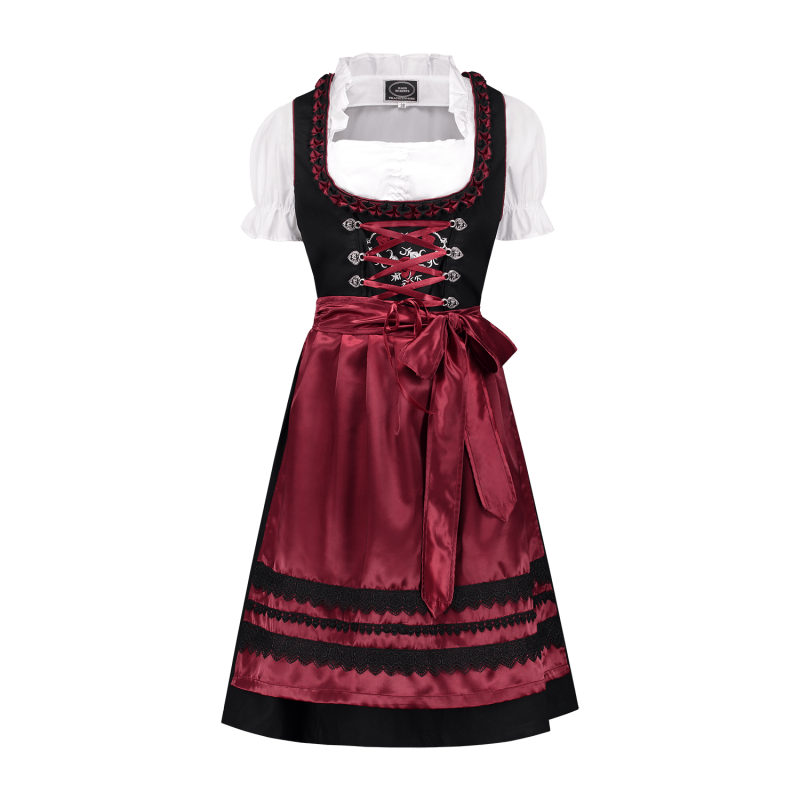 Zwart-wijnrode dirndl met rozen, driedelig