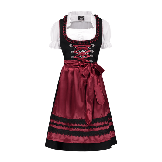 Zwart-wijnrode dirndl met rozen, driedelig
