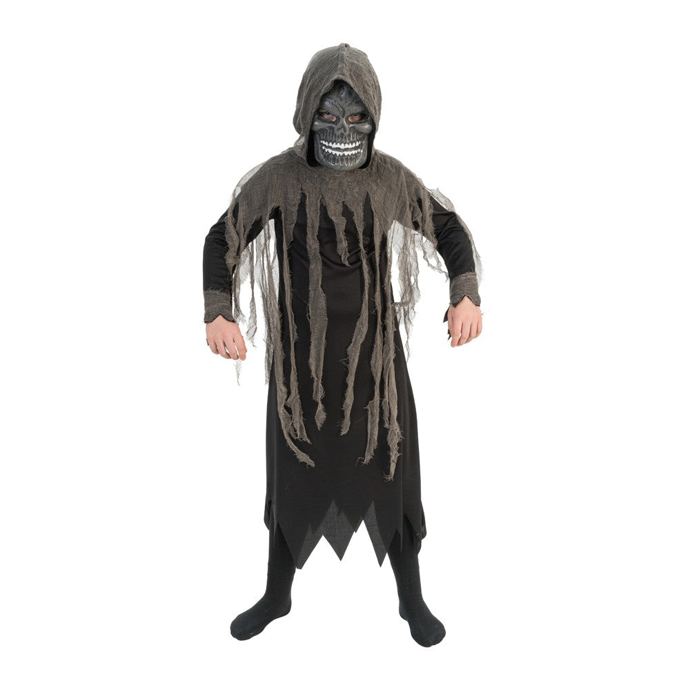 Kind in doodskopkostuum met gerafelde kraag en masker