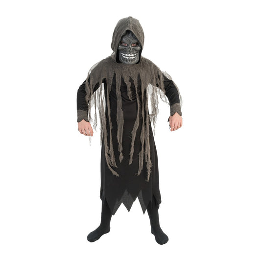 Kind in doodskopkostuum met gerafelde kraag en masker