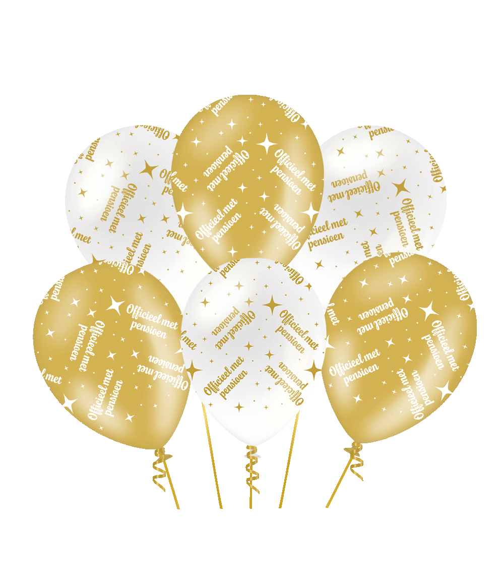 Ballonnen Officieel met pensioen goud en wit 6 stuks