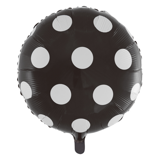 Zwarte ronde folieballon met witte stippen, 46 cm