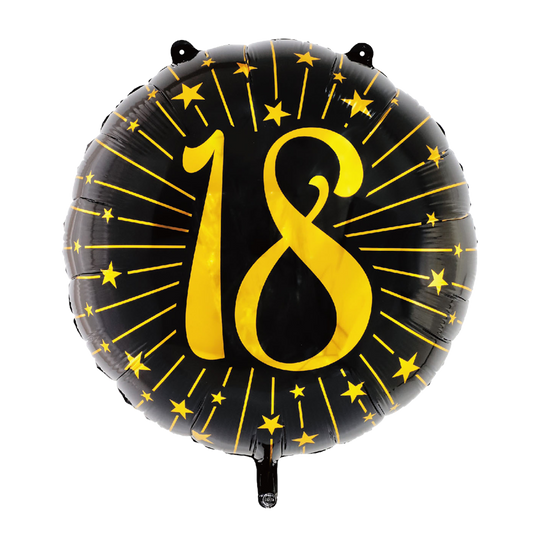 Extra grote ronde folieballon van 71 cm in zwart met een gouden 18 en sterren