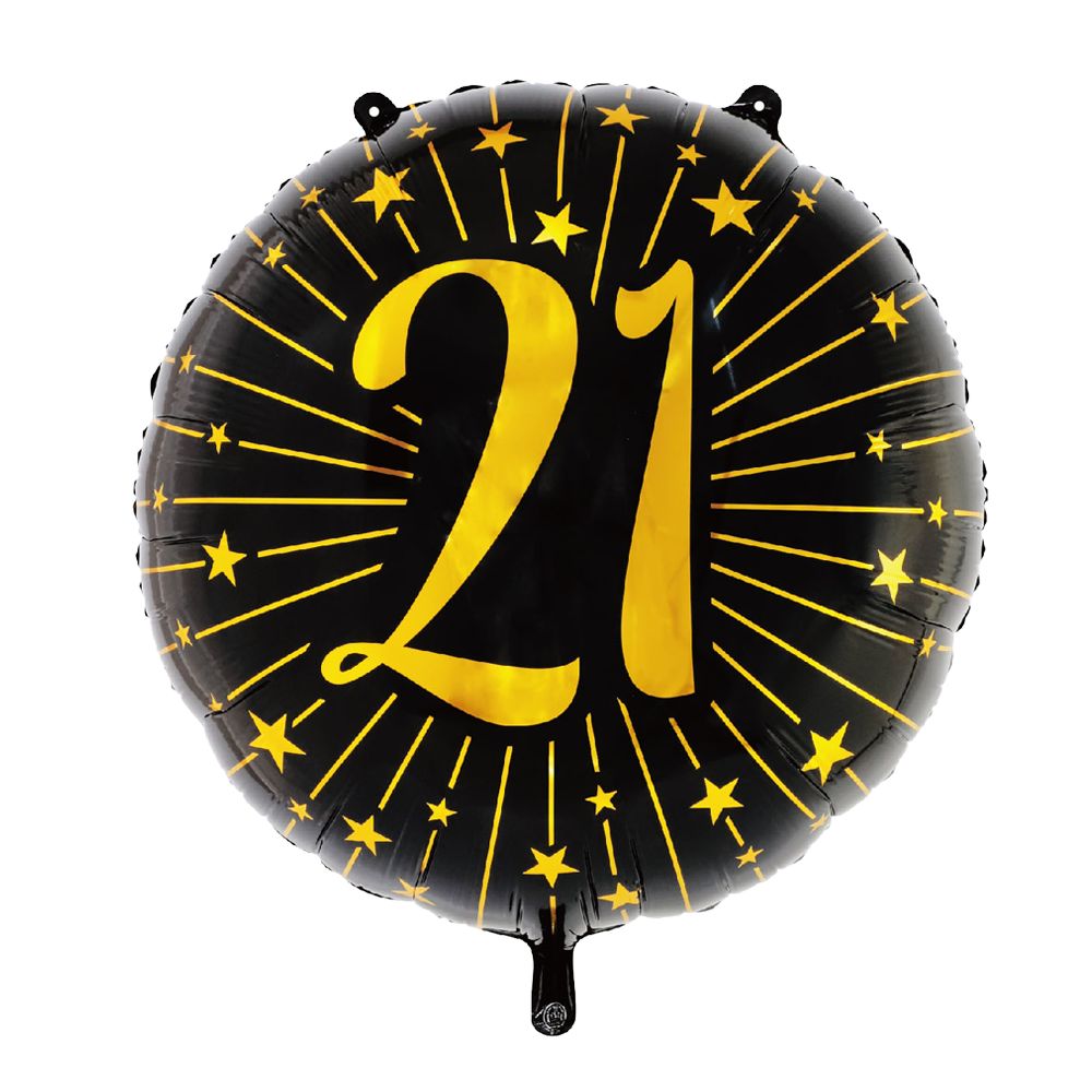 Extra grote ronde folieballon van 71 cm in zwart met een gouden 21 en sterren