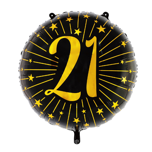Extra grote ronde folieballon van 71 cm in zwart met een gouden 21 en sterren