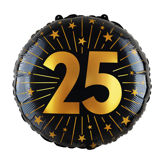 Ronde folieballon van 45 cm in zwart met een gouden 25 en sterren