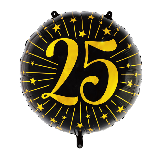 Extra grote ronde folieballon van 71 cm in zwart met een gouden 25 en sterren