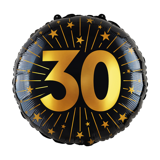 Ronde folieballon van 45 cm in zwart met een gouden 30 en sterren