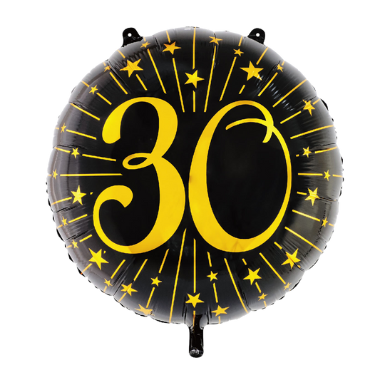 Extra grote ronde folieballon van 71 cm in zwart met een gouden 30 en sterren
