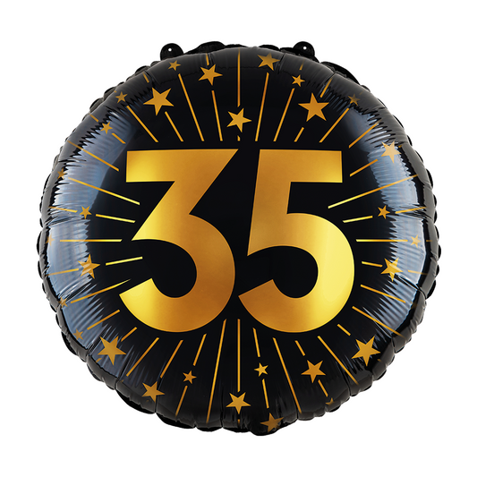 Ronde folieballon van 45 cm in zwart met een gouden 35 en sterren