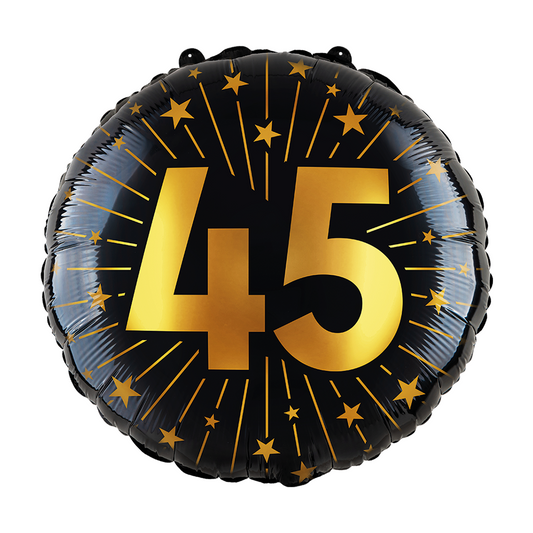 Ronde folieballon van 45 cm in zwart met een gouden 45 en sterren