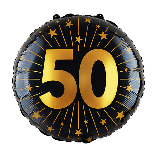 Ronde folieballon van 45 cm in zwart met een gouden 50 en sterren
