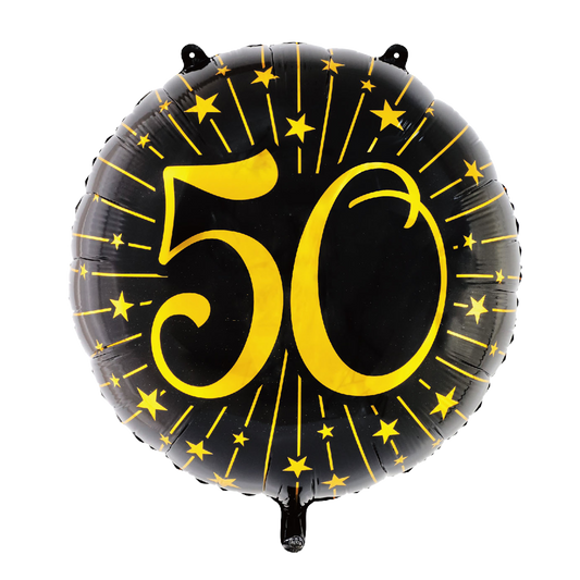 Extra grote ronde folieballon van 71 cm in zwart met een gouden 50 en sterren