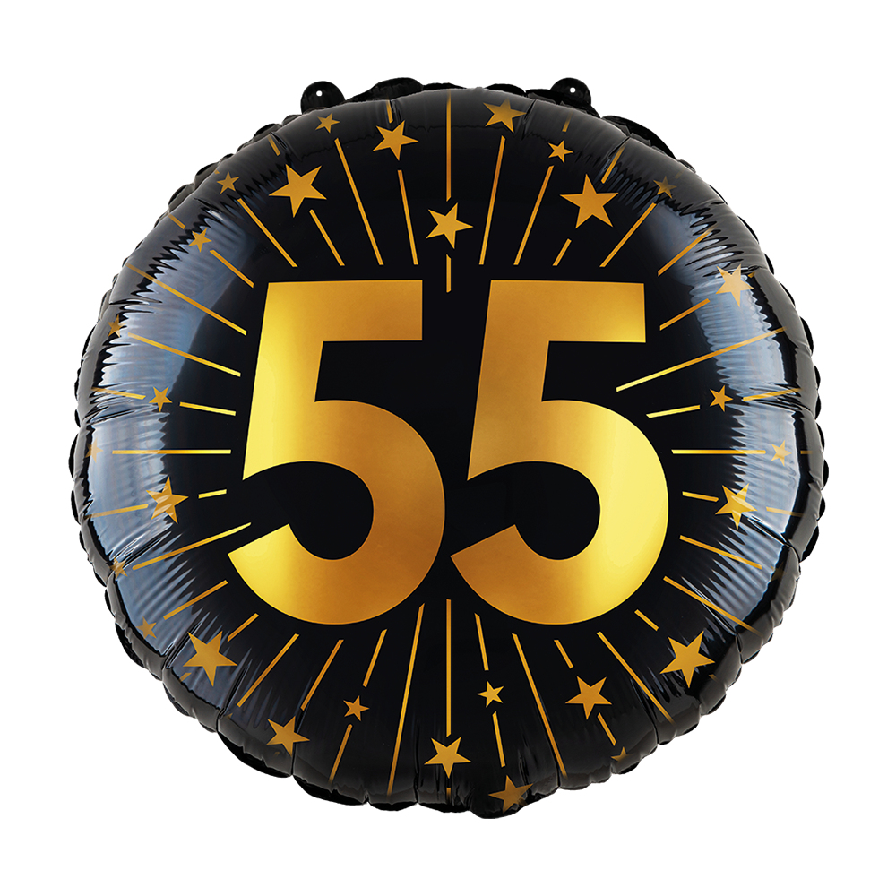 Ronde folieballon van 45 cm in zwart met een gouden 55 en sterren