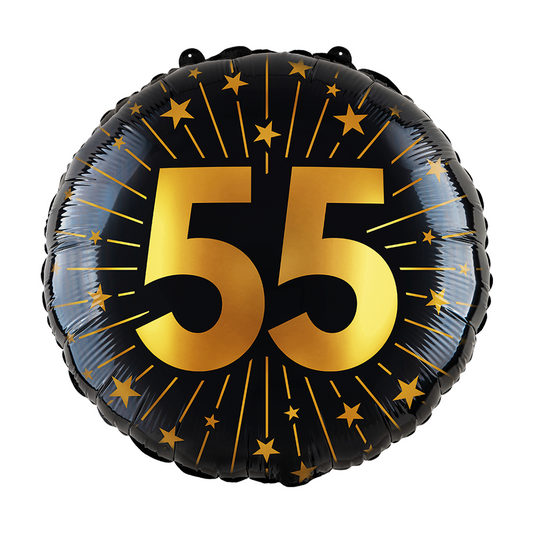 Ronde folieballon van 45 cm in zwart met een gouden 55 en sterren