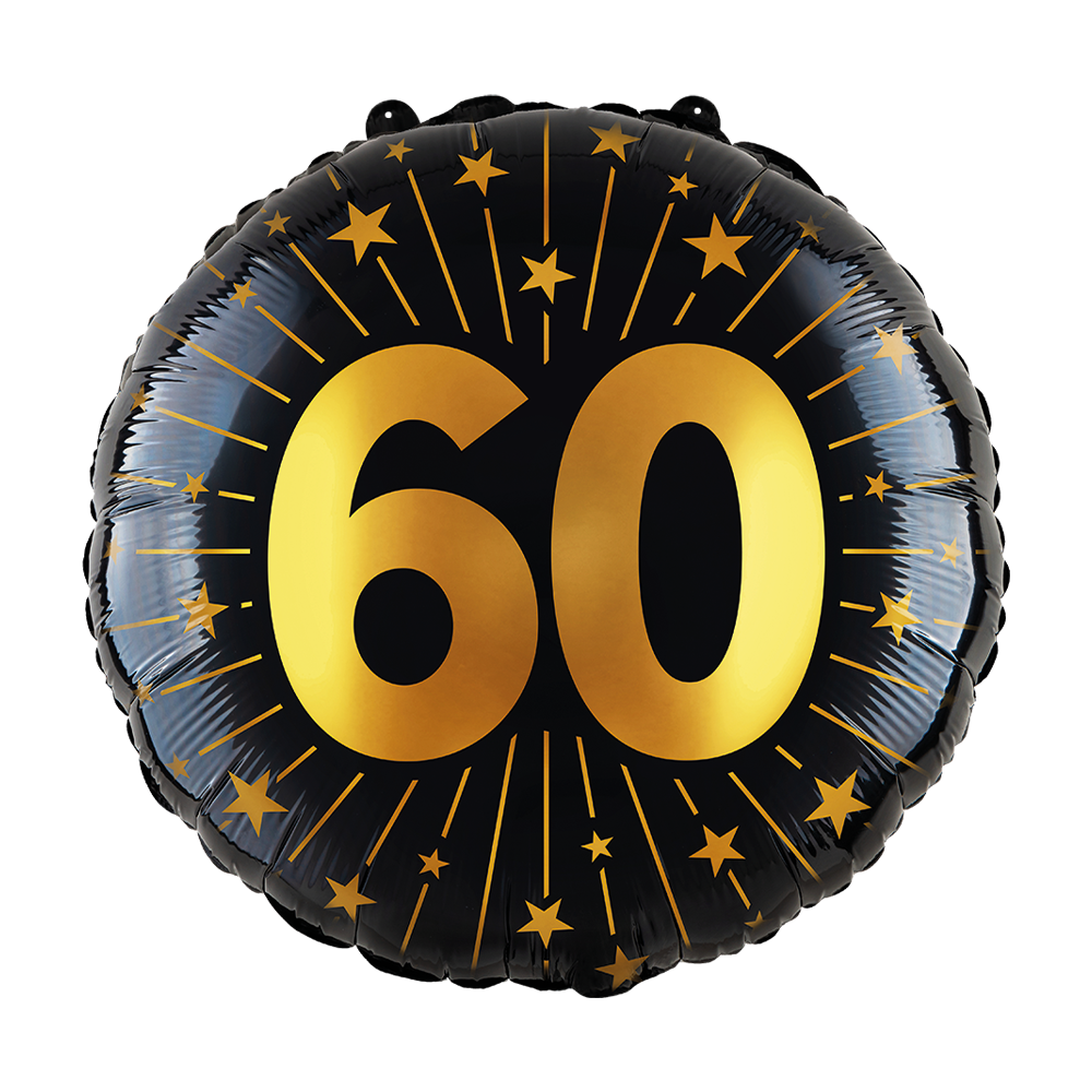 Ronde folieballon van 45 cm in zwart met een gouden 60 en sterren