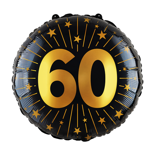 Ronde folieballon van 45 cm in zwart met een gouden 60 en sterren