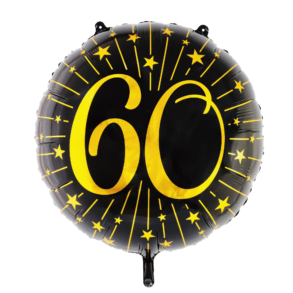 Extra grote ronde folieballon van 71 cm in zwart met een gouden 60 en sterren