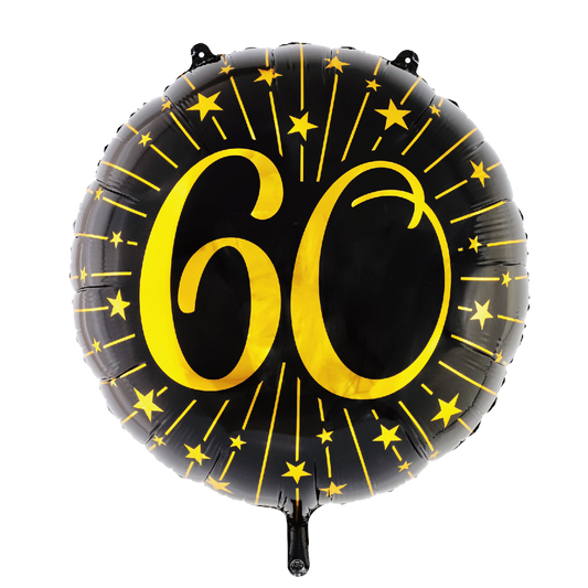 Extra grote ronde folieballon van 71 cm in zwart met een gouden 60 en sterren