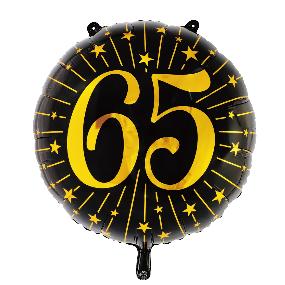 Extra grote ronde folieballon van 71 cm in zwart met een gouden 65 en sterren