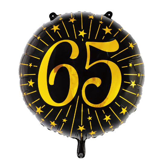 Extra grote ronde folieballon van 71 cm in zwart met een gouden 65 en sterren