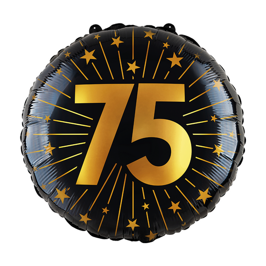 Ronde folieballon van 45 cm in zwart met een gouden 75 en sterren