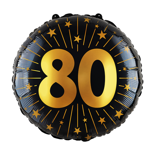 Ronde folieballon van 45 cm in zwart met een gouden 80 en sterren
