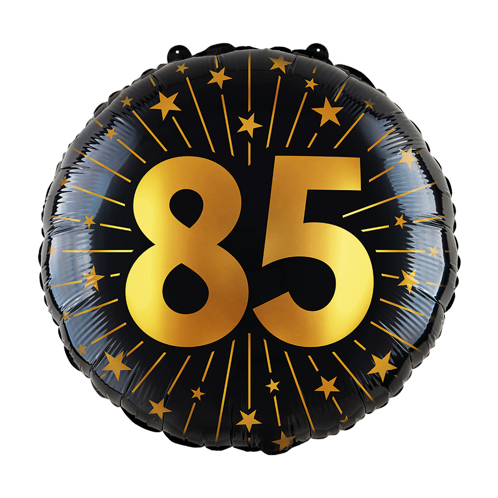 Ronde folieballon van 45 cm in zwart met een gouden 85 en sterren