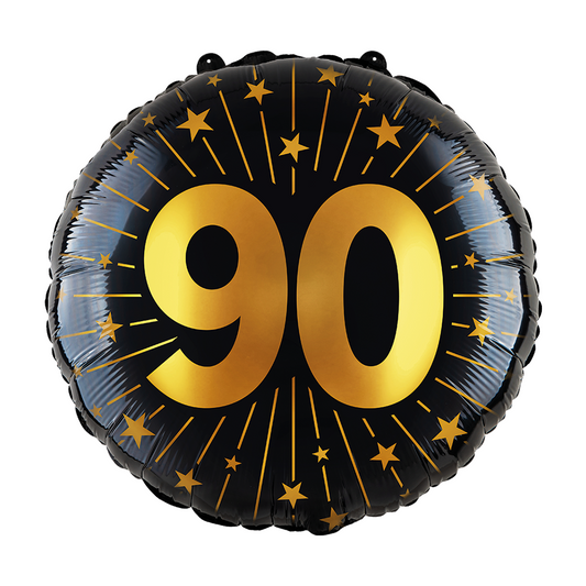 Ronde folieballon van 45 cm in zwart met een gouden 90 en sterren