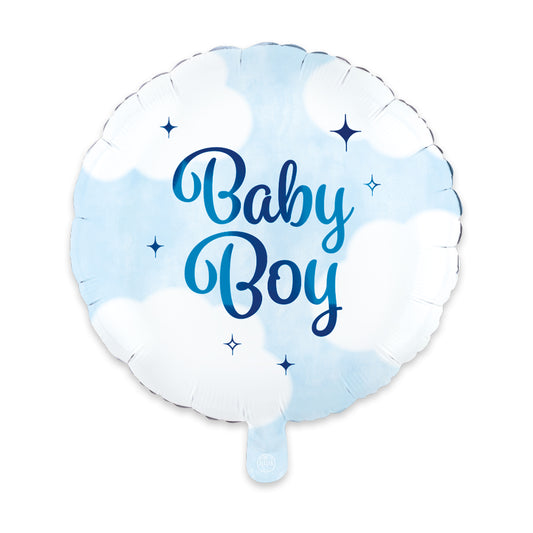 Ronde folieballon van 45 cm, wit met lichtblauwe wolkjes en de tekst Baby Boy