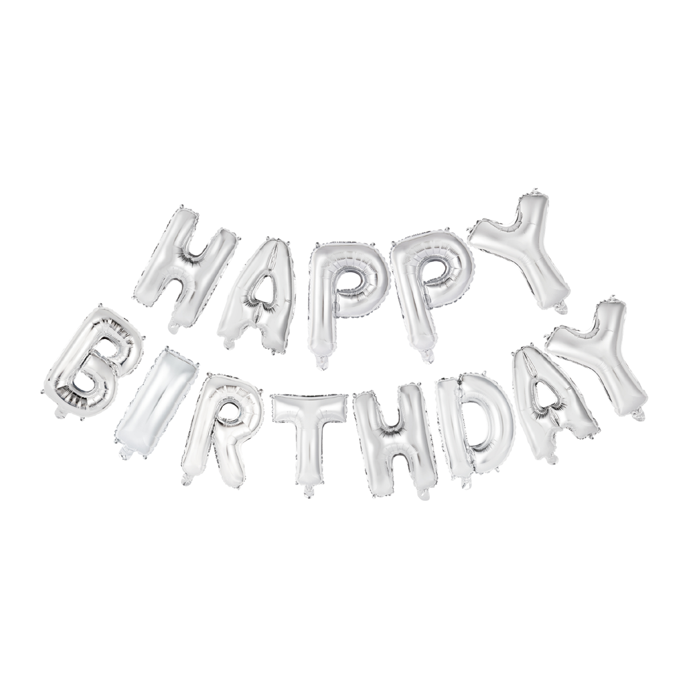 Zilveren losse letterballonnen die Happy Birthday spellen, 16 inch per letter