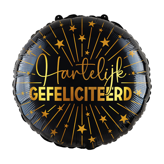 Ronde folieballon van 45 cm in zwart met de gouden tekst Hartelijk Gefeliciteerd