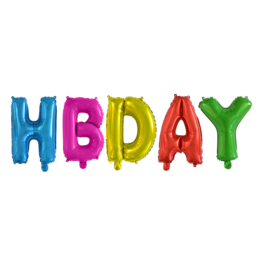 Gekleurde losse letterballonnen die het woord HBDAY vormen, 16 inch per letter